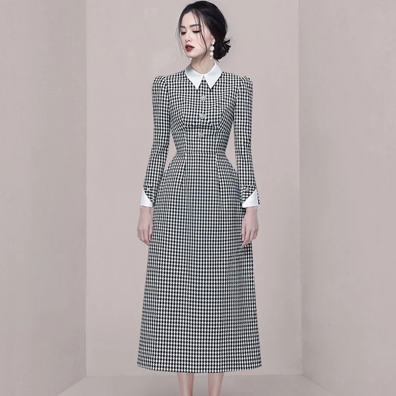 

Женское платье с отложным воротником, офисное Повседневное платье в клетку с длинным рукавом и птичьим рисунком, весна-осень 2023