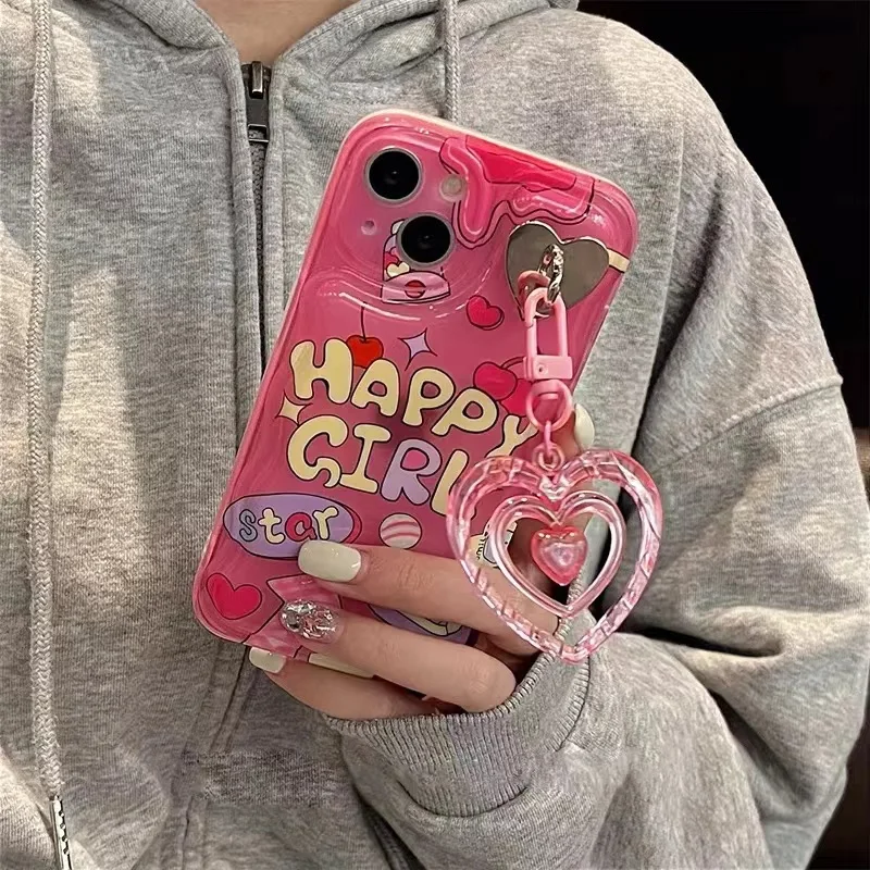 

Pink Love Heart Chain Case For iPhone 14 13 12 11 Pro Max X XR XS Max 14Plus 14pro Max cover funda coque Phone ca