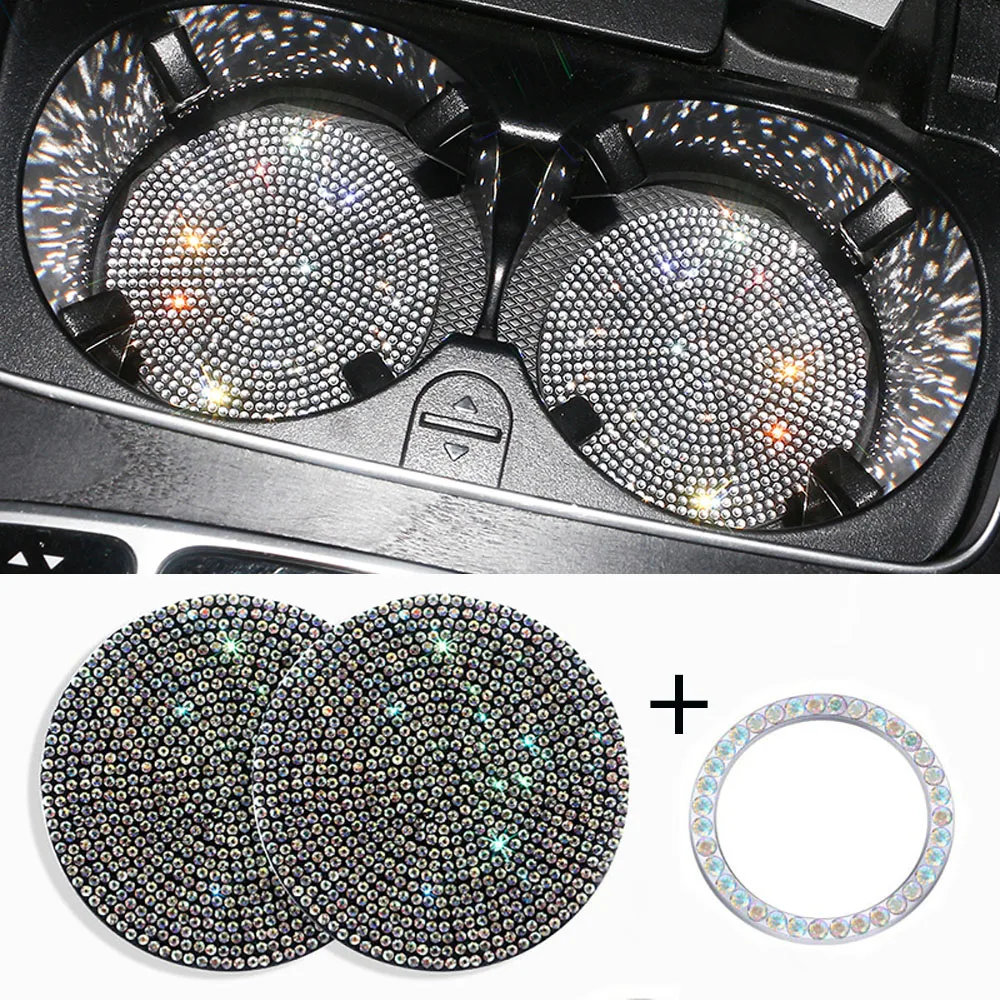 

7 Colors Car Diamond Coaster Car Ignition Bling Sticker Water Cup Slot Non-Slip Bling Cup Mat Car Interior Accessories for Woman