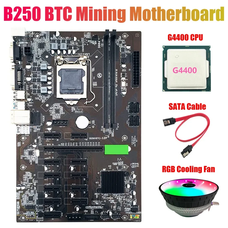 

B250 BTC Mining Motherboard with G4400 CPU+RGB Cooling Fan+SATA Cable 12XGraphics Card Slot LGA 1151 DDR4 for BTC Miner