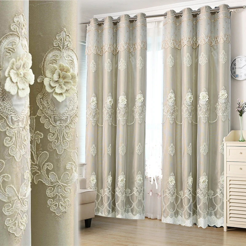 

European Coffee Double Layer Blackout Curtains For Living Room Bedroom Luxury Relief Flower Embroidery Tulle Drapes Custom