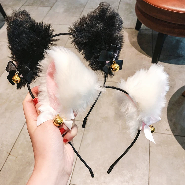 

Fashion Fox Cat Ear Headband Cos Popular Plush Cat Bell Headband Black White Soft Hairband Party Headwear Women Hair Accessories