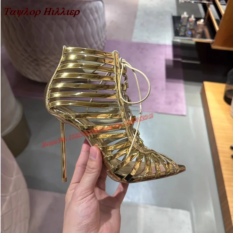 Золотые зеркальные римские сандалии с острым носком на шпильке со шнуровкой