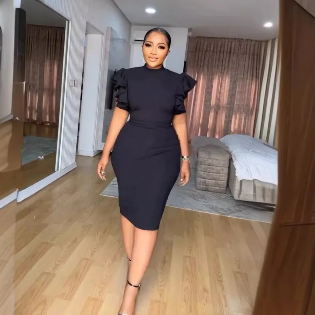 Платье женское летнее однотонное с коротким рукавом-лепестком и круглым вырезом