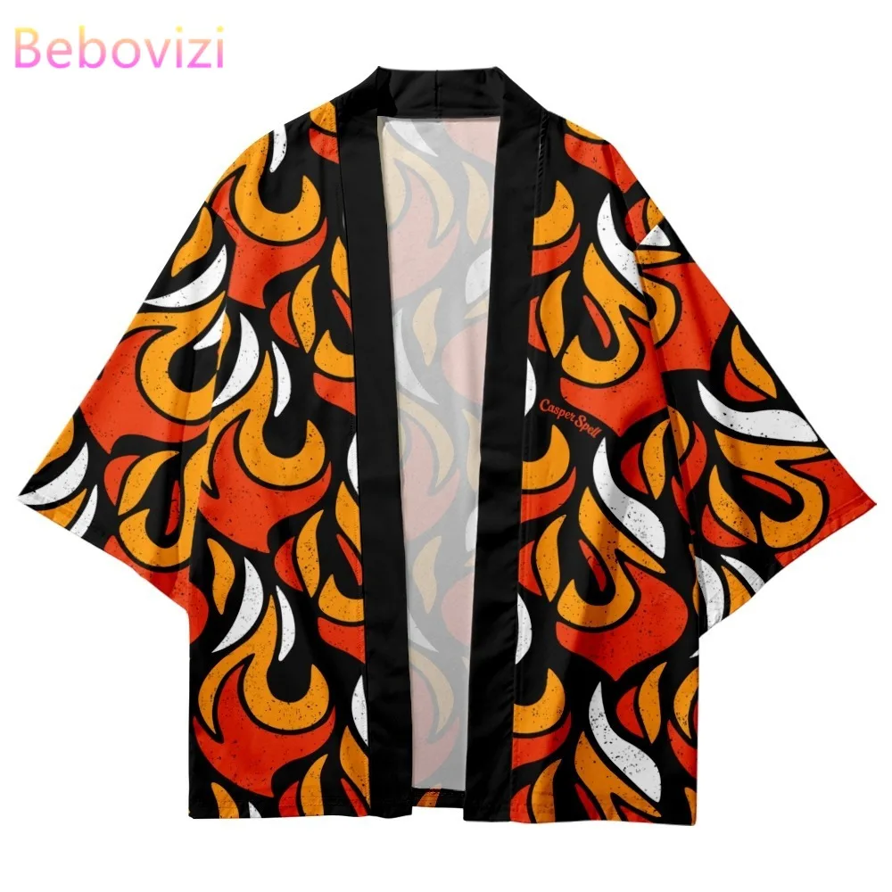 

Fashion Flame Print Orange Shirts Japanese Streetwear Haori Cardigan Men Women Kimono Beach Yukata Asian Clothing 2023 New