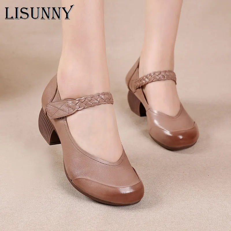 

LISUNNY 2022 Retro Style Cowhide Genuine Leather Women Pumps Spring Summer Shoes Mid Heel Round Toe Fashion Women Shoes