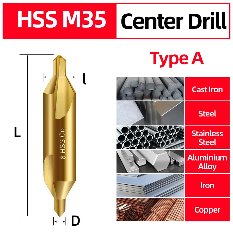 

ABAOTE центральное сверло с титановым покрытием, 60 градусов, центральное сверло, металлическое центрирующее сверло, металлическое рабочее отверстие стандарта 1/3 шт.