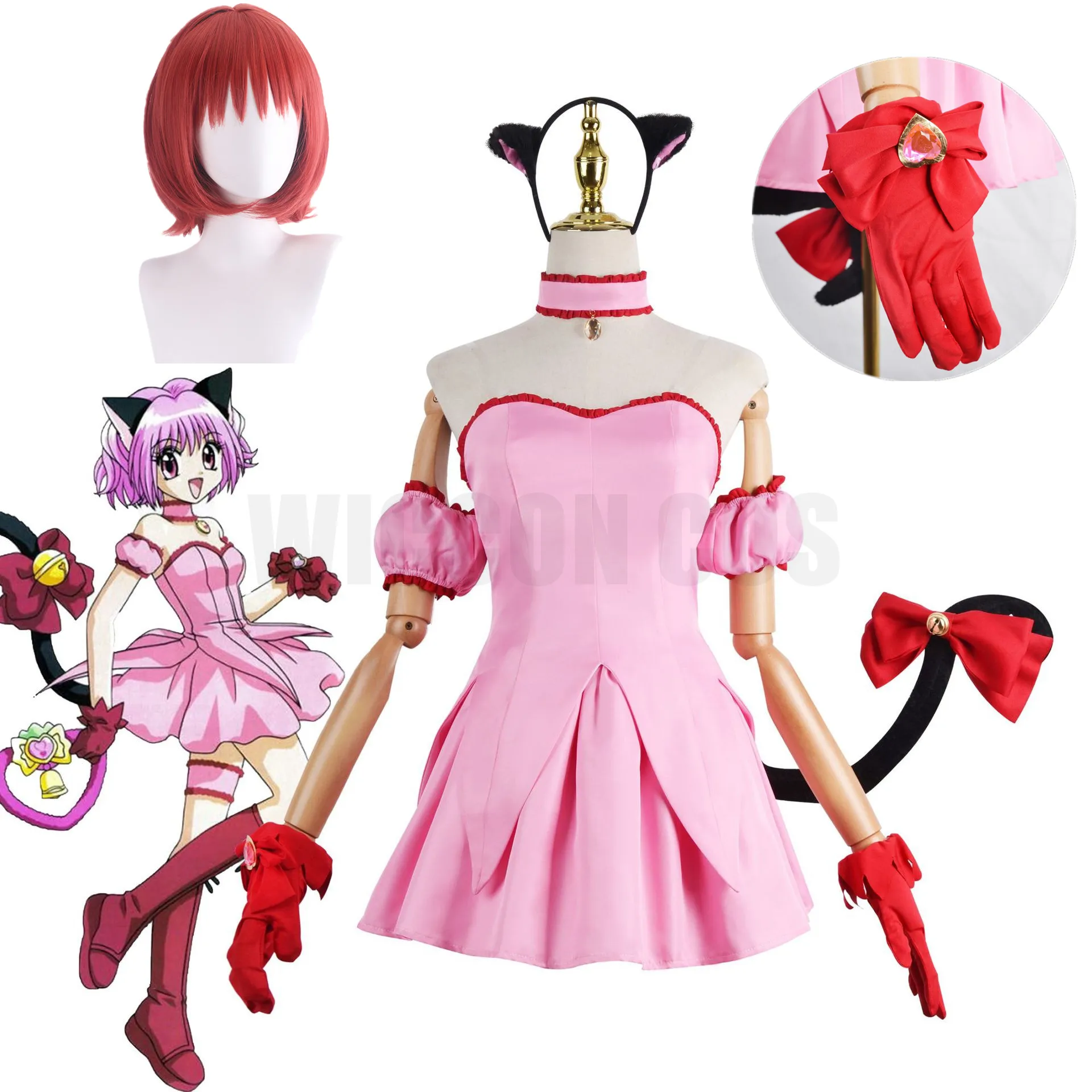 

Anime Tokyo Mew Mew Momomiya Ichigo Cosplay Costume Pink Dress Wig Gloves Ears Tail Girls Women Halloween Party Cat Uniform