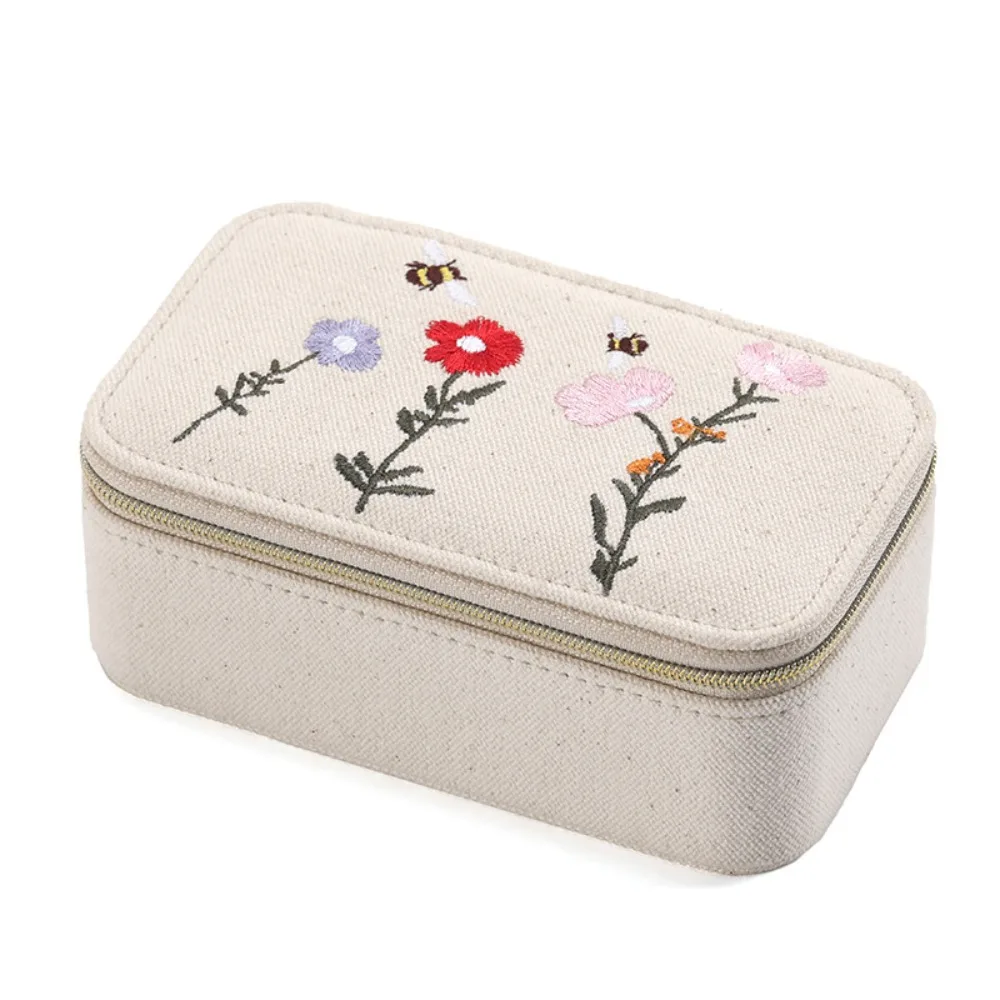 Фото Коробка для хранения ювелирных изделий с цветочной вышивкой, портативная мини-серьга, ожерелье, кольцо, шкатулка для драгоценностей, витрина для ювелирных изделий с цветком лягушки, дорожная витрина №1