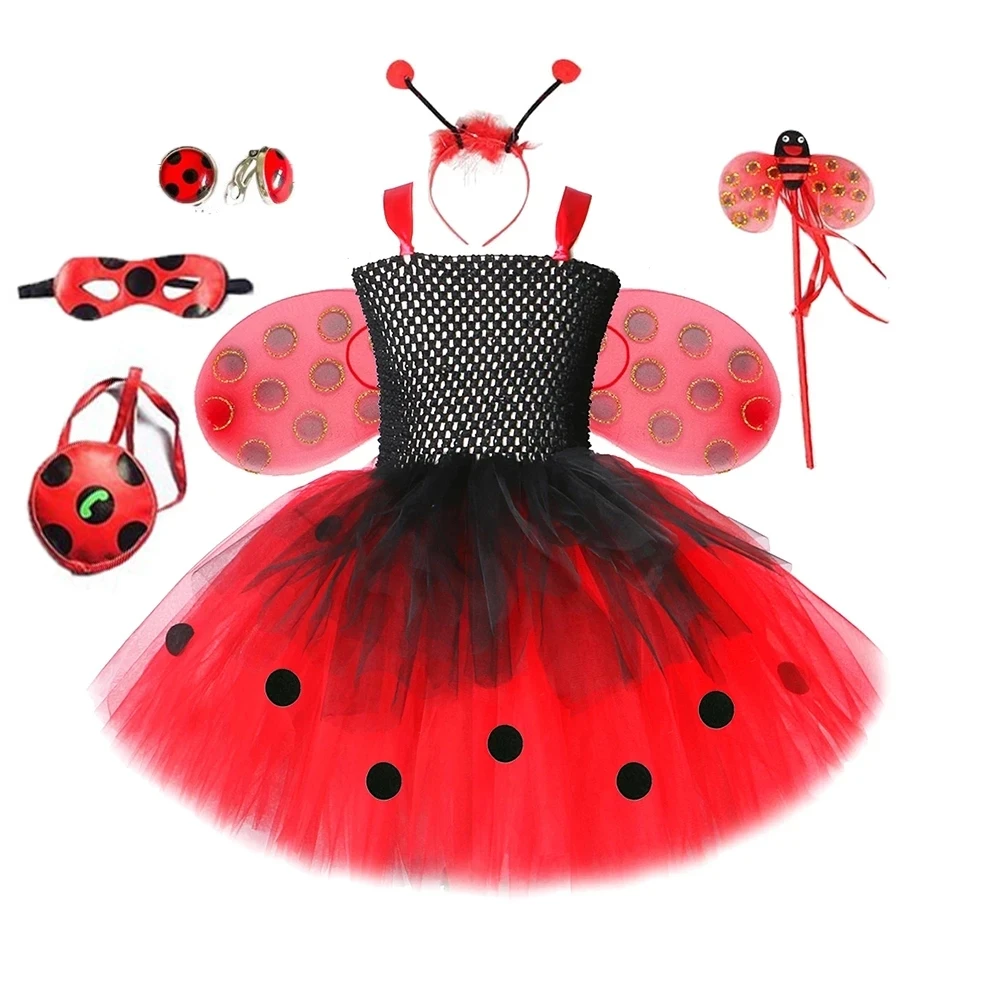 

Lady Beetle Tutu Dress for Baby Girls Halloween Costumes with Wings Kids Fairy Dresses Outfit Child Polka Dots Birthday Clothes