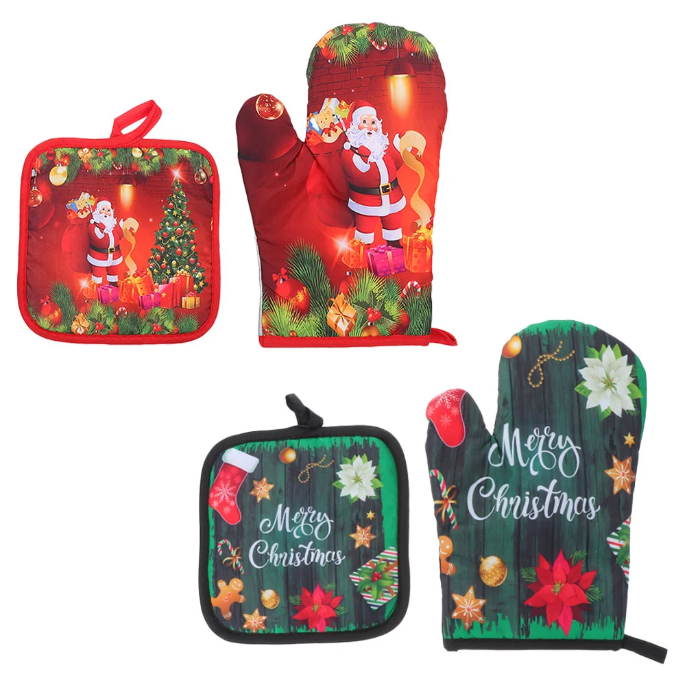 

2 Sets Baking Oven Mitt Gloves Pot Holder Mitten Mitts Printing Heavy Duty Polyester