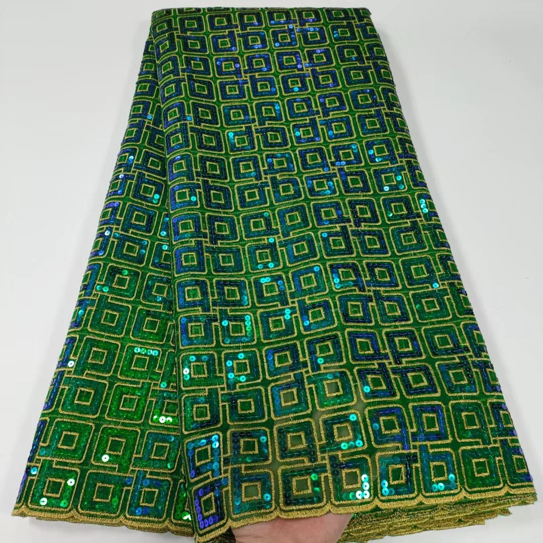 

Latest 2022 High Quality African Nigerian Tulle Mesh Lace Fabric With Sequins Embroidery Handcut Sewing Organza Prom Dresses