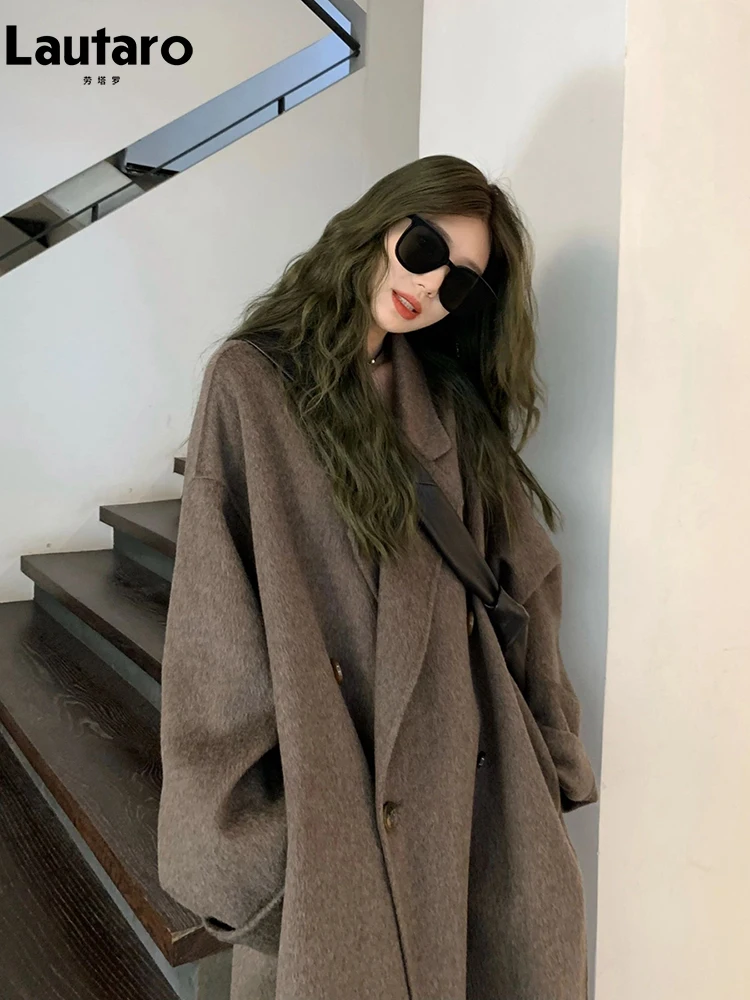 

Lautaro Autumn Winter Long Warm Brown Soft Wool & blends Coat for Women Loose Casual Chic Korean Fashion 2023 Woolen Overcoat