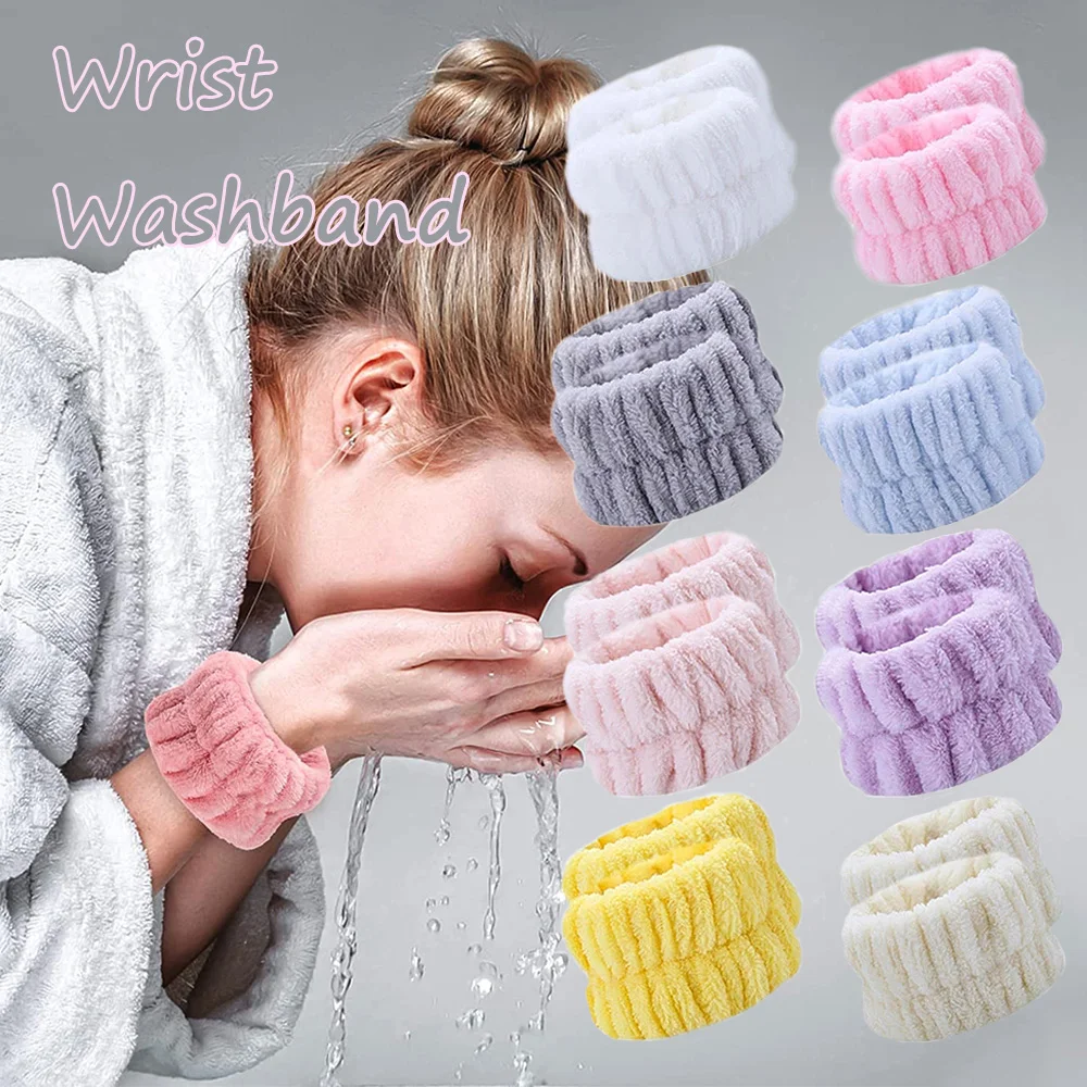 

2 Pairs Washing Face Spa Wrist Washband Headband Solid Color Microfiber Absorbent Hair Accessories Headwrap Handmade Makeup