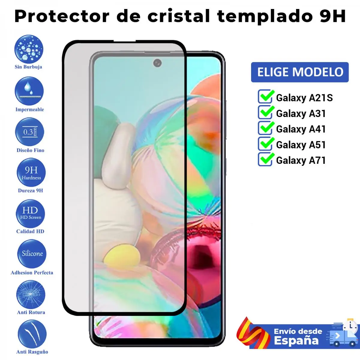 Protector de pantalla Completo 3D para Samsung Galaxy A21S A31 A41 A51 A71. Cristal templado Negro