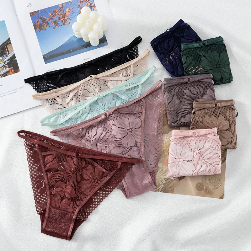 

Flower Embroidery Thongs Panties Women Lace Underwear T Back Low Rise Hollow Out G String Underpant Comfortable Female Lingerie