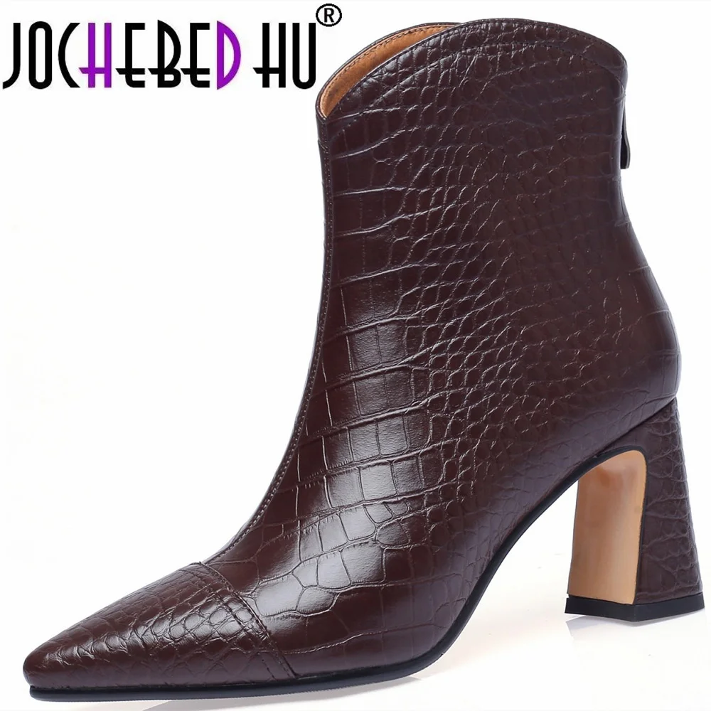 

【JOCHEBED HU】Winter Brand Women Genuine Leather Ankle Ladies Square Toe Short Boots Slip On Zipper Shoes Woman Thick Heel Boot