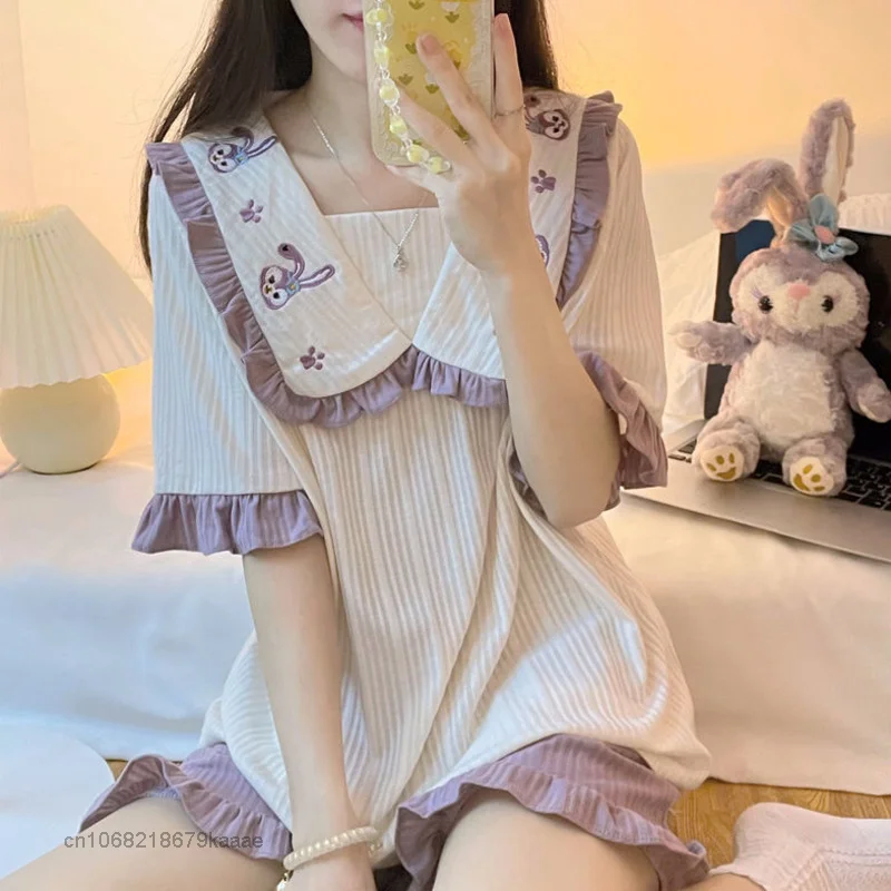 Disney StellaLou Summer Home Clothes Women Pajamas 2 Piece Set Sweet Doll Collar Tops Short Sleeve T-shirt Shorts Y2k Sleepwear