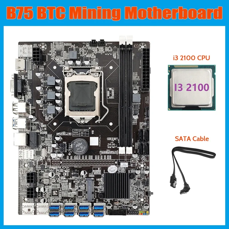 

B75 ETH Mining Motherboard 8XPCIE USB Adapter+I3 2120 CPU+SATA Cable LGA1155 MSATA DDR3 B75 USB BTC Miner Motherboard