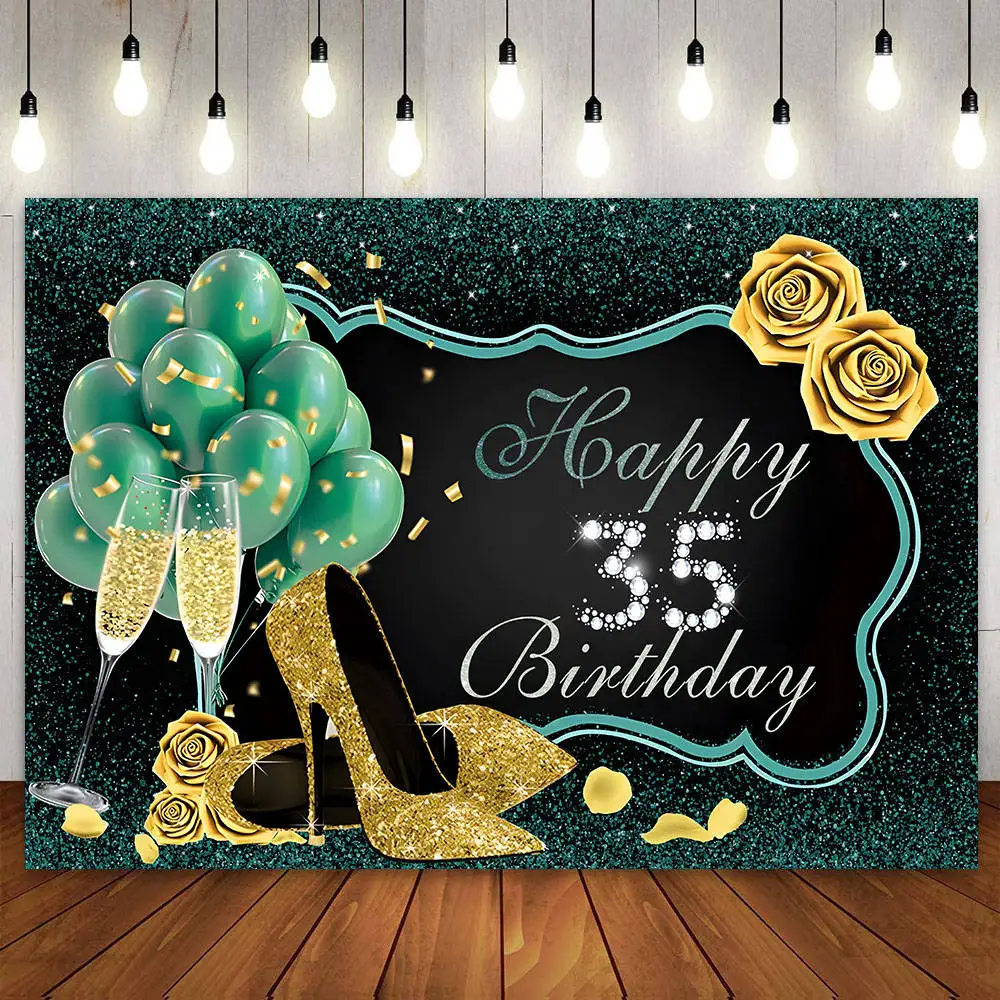

Фотофон с надписью "Happy 35th Birthday", декоративный фон темно-зеленого и золотого цвета для женщин, 35-летний фон для торта, стола, баннера