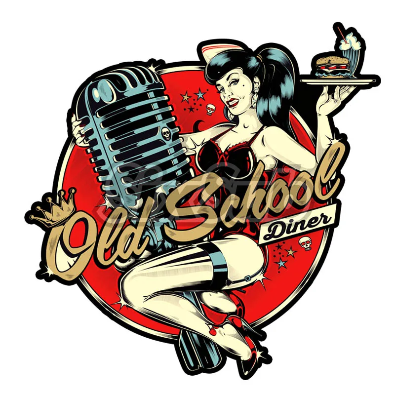 Old School Diner Pin Up Girl Retro Motorcycle Locomotive Car Decal #204006 3D Gel Crystal Glue Reflective Laser Car Sticker