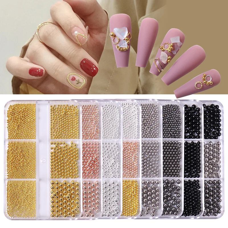 6 Grids Nail Art Tiny Steel Caviar Beads 0.8-1.5mm Mixed Size 3D Design Rose Gold Silver Jewelry Manicure DIY Tools