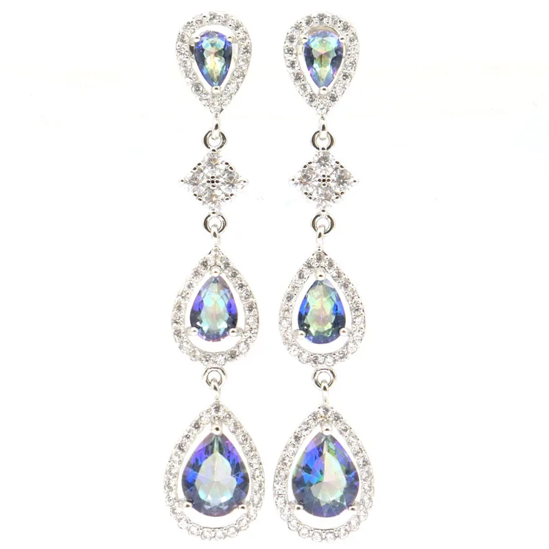 55x10 мм уличная мода длинный каплевидный огонь Радуга Фиолетовый Топаз Мистический топаз Белый CZ ювелирные изделия для женщин Серебряные серьги