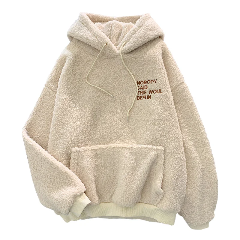 

Winter Plus Velvet Thickening Fashion Letter Embroidery Harajuku Women Sweatshirts Pocket Loose Casual Lamb Fleece Warm Hoodies