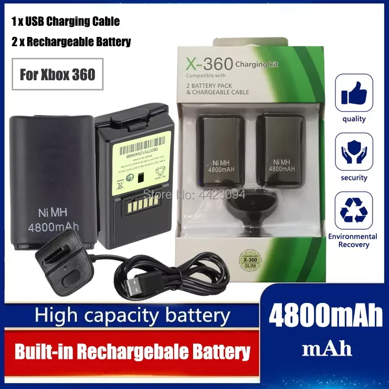 

4800mah Batteries+USB Charging Charger Cable For Xbox 360 Wireless/ Wired Controller Bateria Rechargeable Battery Pack