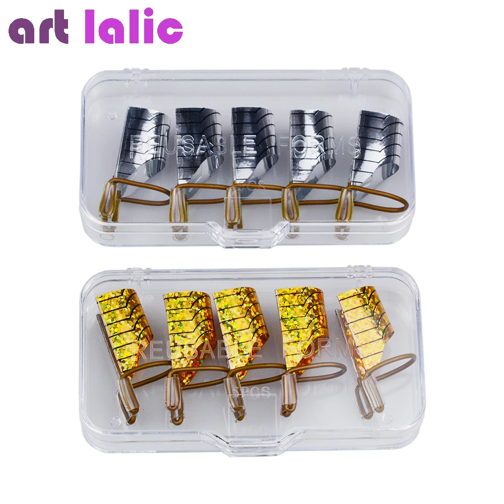 

5pcs/Set Nail Art Reusable Forms for UV Gel Silver/Gold Manicure Tips Extension Guide Tools Kit