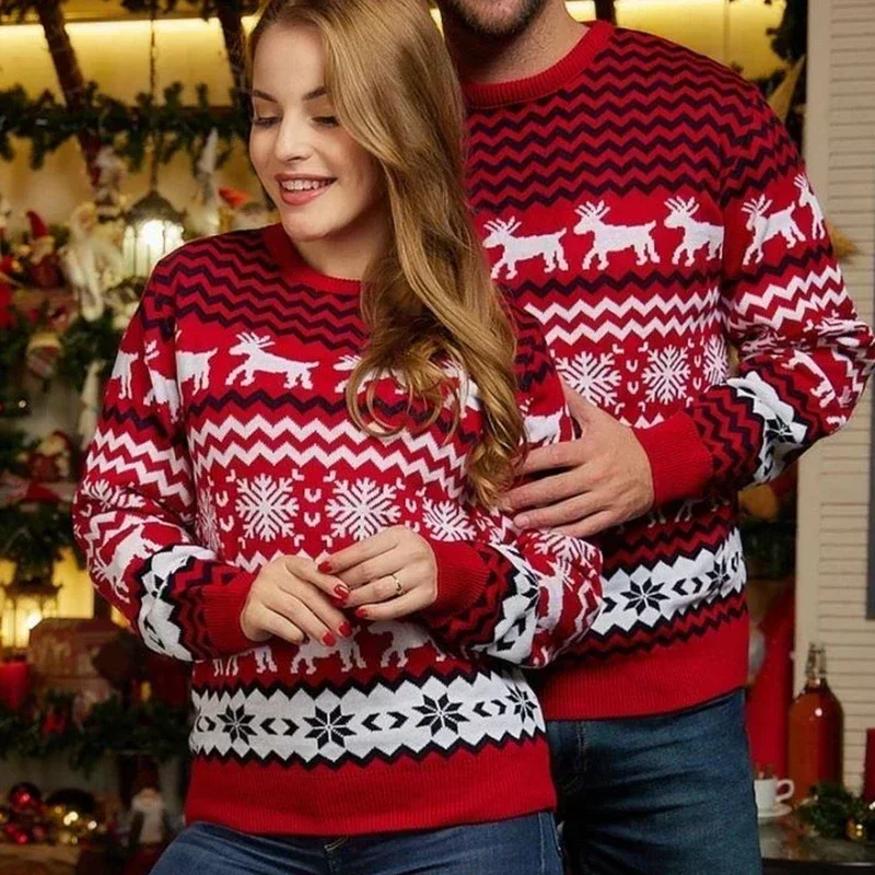 

Новинка 2023, зимние вязаные свитера для мамы и папы, рождественские Семейные парные Джемперы, теплые плотные повседневные трикотажные изделия, Рождественский образ