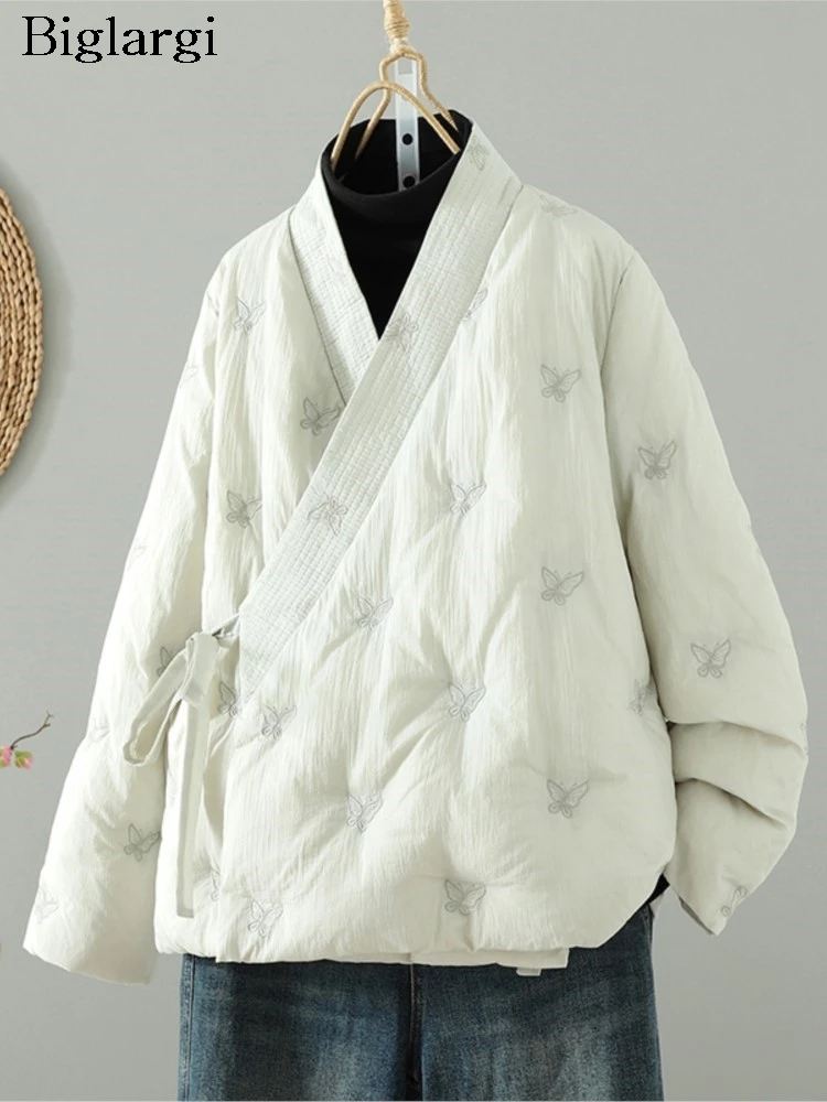 Oversized Butterfly Embroidery V-Neck Autumn Winter Padded Cotton Coat Women Loose Fashion Ladies Jackets Long Sleeve Woman