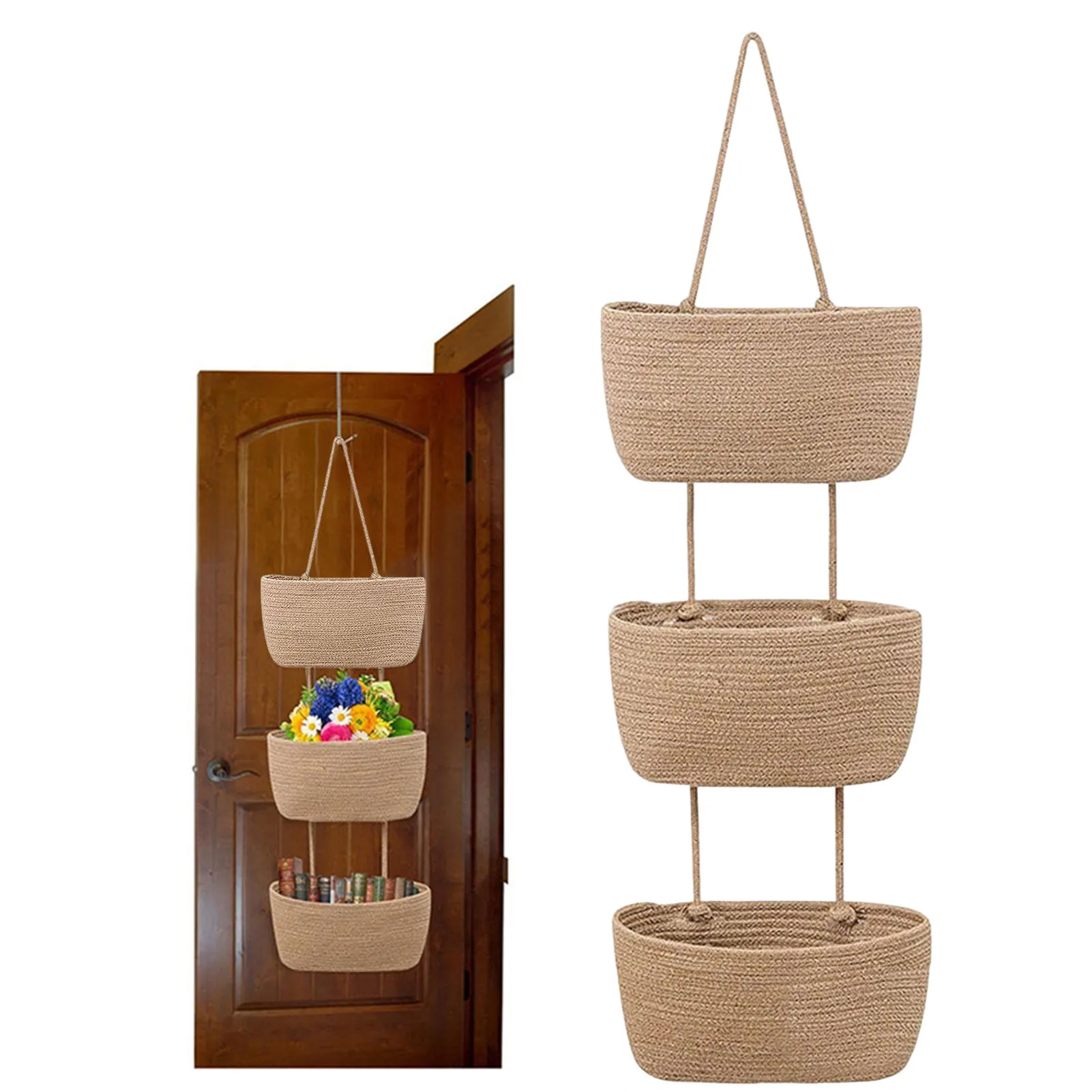 

Over The Door Hanging Basket 3 Tiers Cotton Rope Woven Portable Lightweight Hanging Organizer Decorative Storage Basket Wall