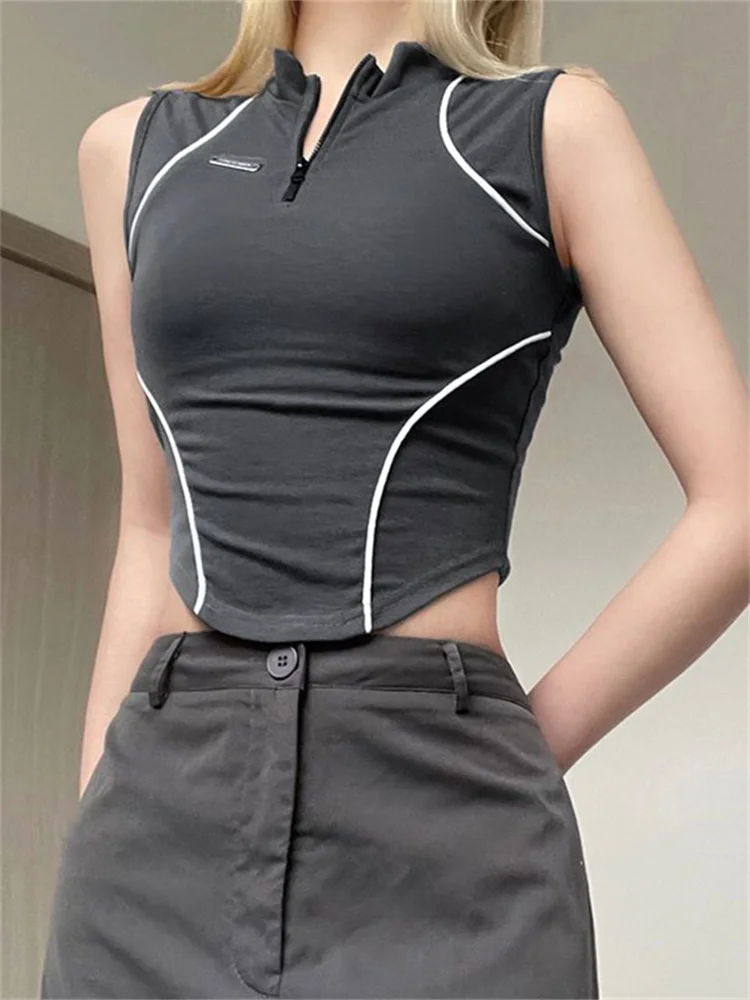 

QWEEK Cyber Y2K Vintage Gray Tank Top Women Streetwear Retro 90s Racing Crop Top Slim Harajuku Edgy Style Egirl Sleeveless Vest