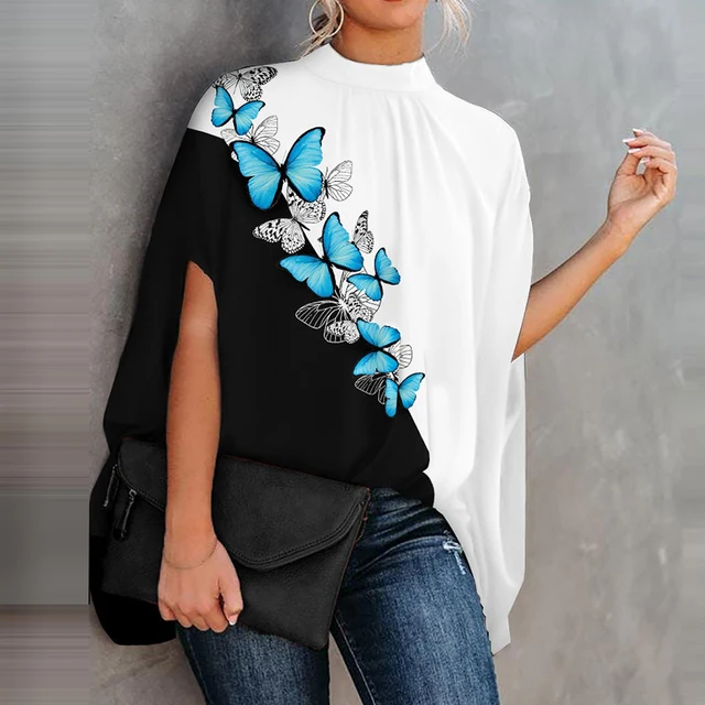 Elegant Batwing Sleeve Blouse Women Fashion Printed Stand Collar Loose Pullovers Spring Summer Ladies Casual Shirts Tops 2022