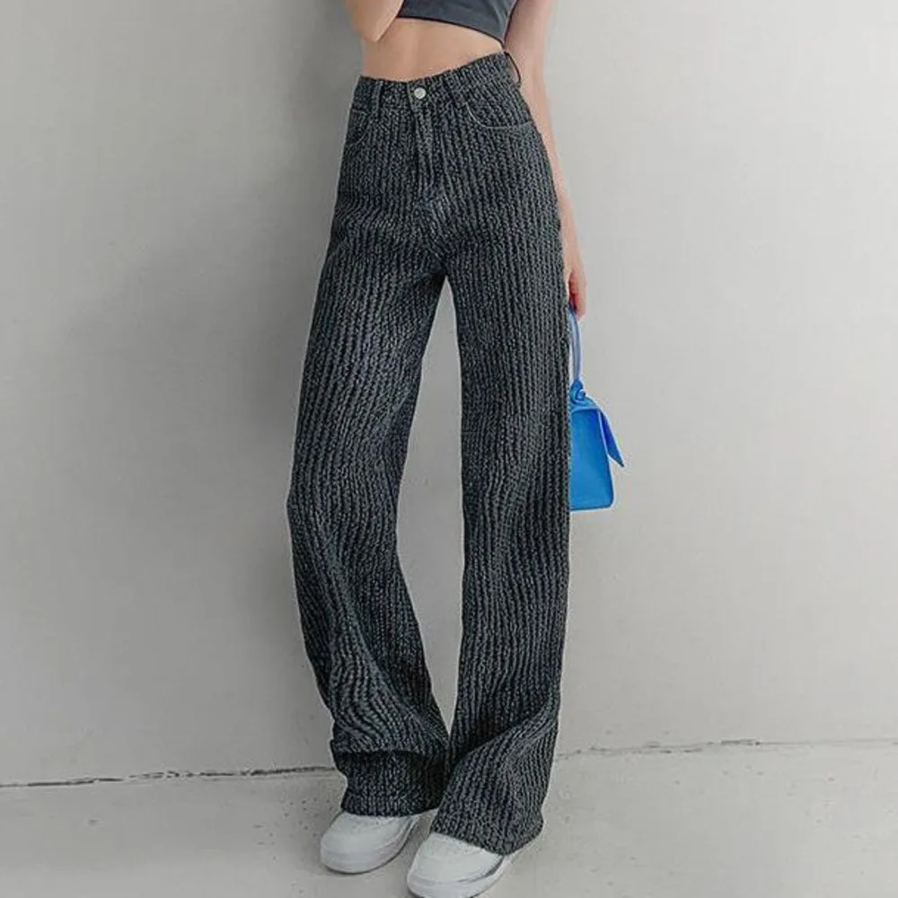 

Denim Wide Leg Pants For Autumn Winter High Waist Straight Leg Pants Loose Woven Trousers Black Blue Denim Pants Women Clothing