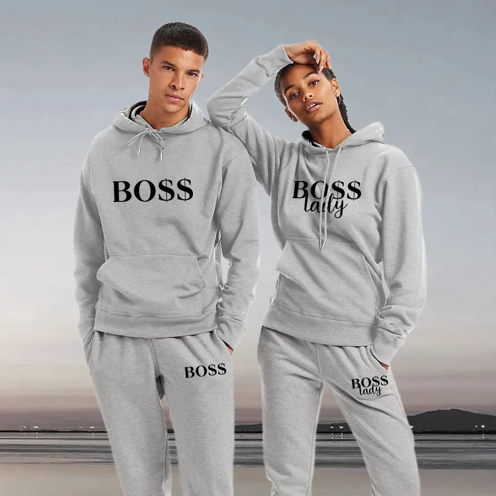 

Комплект с толстовкой с капюшоном и надписью для пары, мужской и женский зимний спортивный костюм, свитшот и брюки, костюмы, флисовая Повсед...