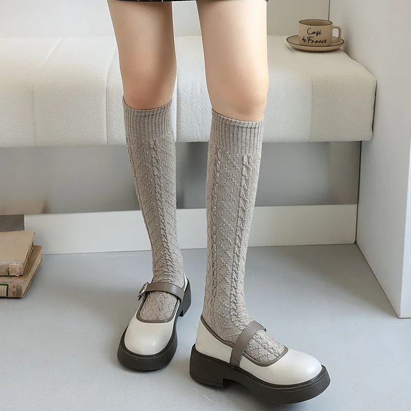 

Winter Thicken Wool Fleece Warm Knee High Long Thermal Socks Tights Women JK Lolita Solid Color Rhombus Twist Girls Stockings