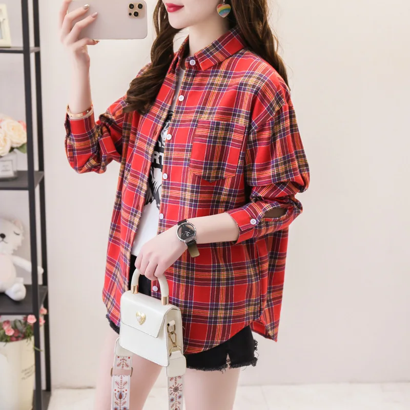 2022 New Loose Design Cotton Plaid Shirt Women Young Style Long Sleeve Blouses Casual Shirts Lady Tops Clothes Blusas images - 6