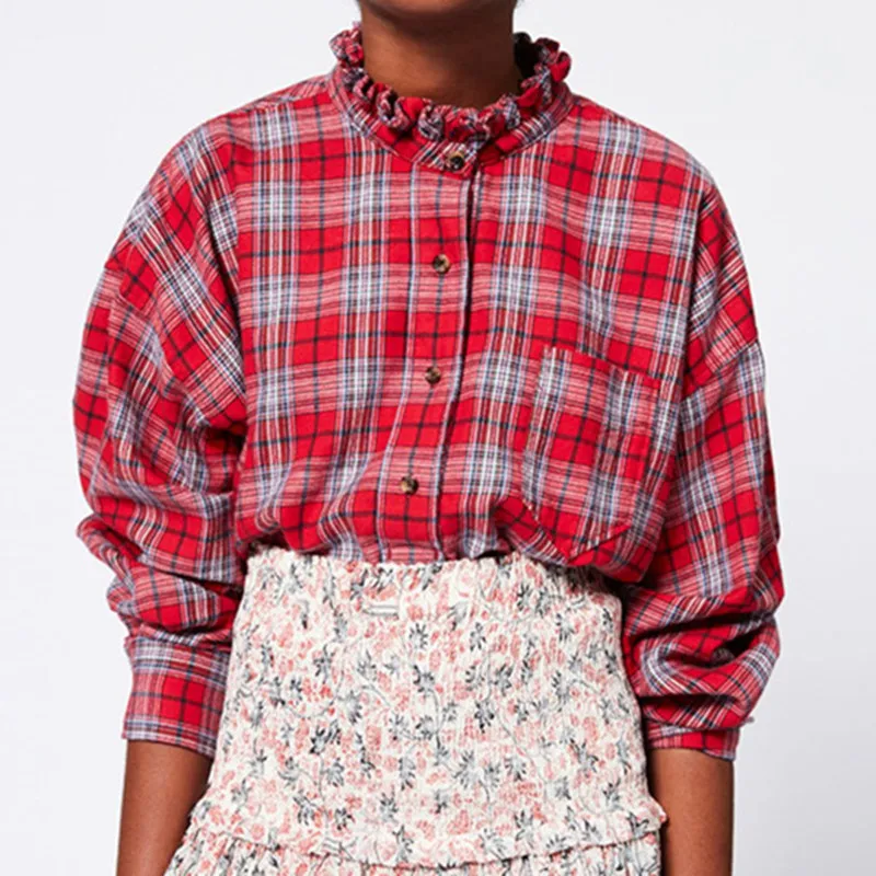 

Women Shirt Plaid Long Sleeve Loose Single Breasted Pocket Blouse