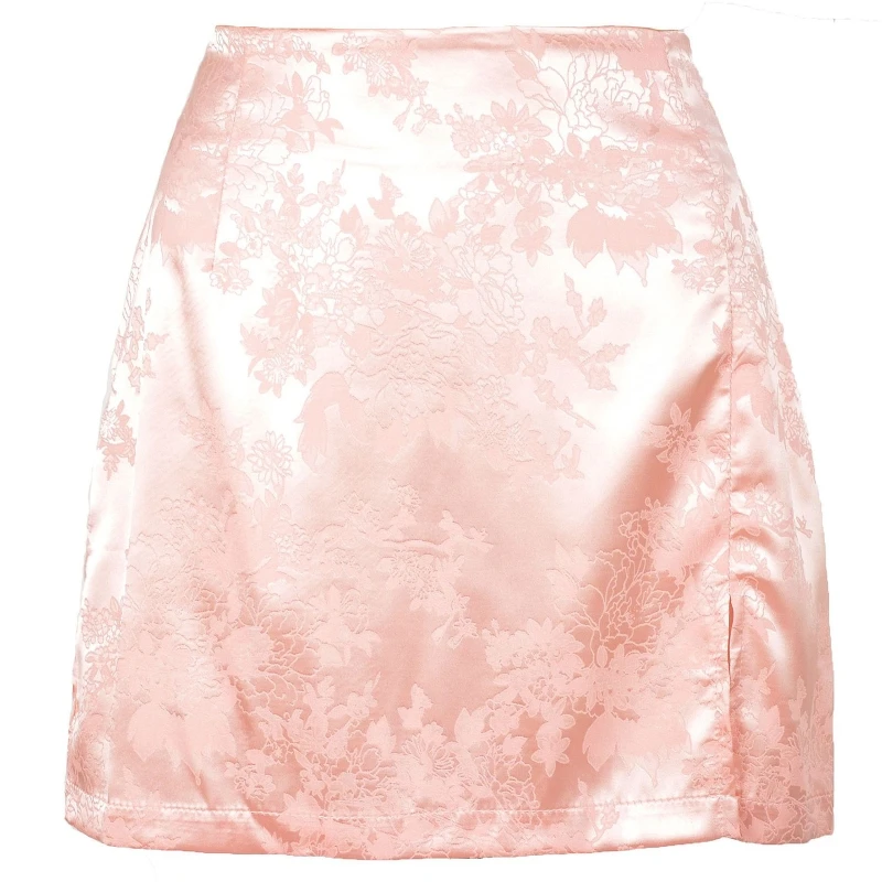 

Women Summer High Waist Elegant Floral Jacquard A-Line Bodycon Mini Short Skirt Solid Color Side Split Flare Hem Zipper Party