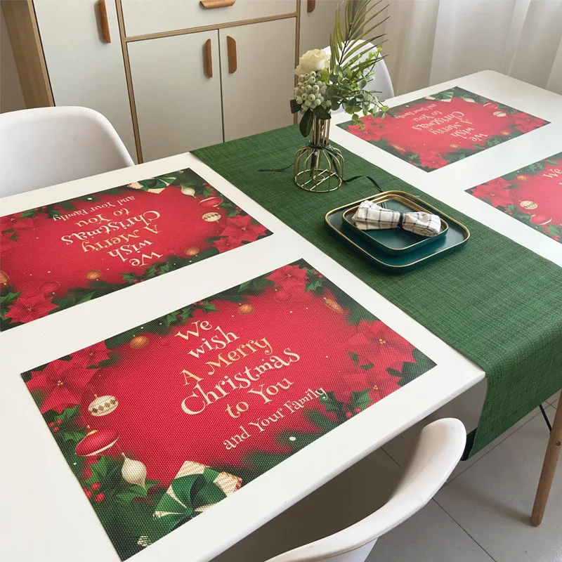 

Christmas Holiday Santa Down The Chimney Festive Tapestry Placemats Set Heat Resistant Waterproof Xmas,Dining Table Decoration
