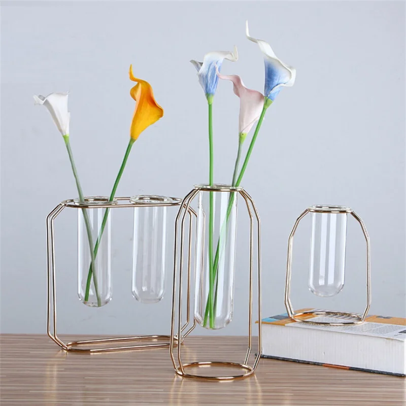 

Nordic Creative Vase Home Decor Golden Frame Glass Vase Hydroponic Plant Holder Iron Line Flowers Ornaments Home Garden Decor