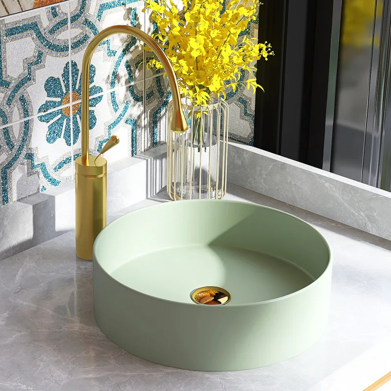 

Table Basin Wash Basin Home Balcony Small Size Ceramic Mini Apartment round Butter Green Wash up Sink Single Basin
