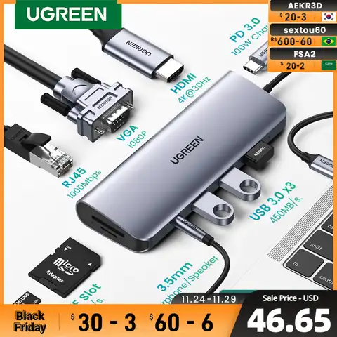 UGREEN USB C HUB 10 в 1 USB Type C к HDMI 4K USB 3,0 VGA PD 3,5 мм полнофункциональный концентратор для MacBook/Pro/Air iPad Pro USB C HUB