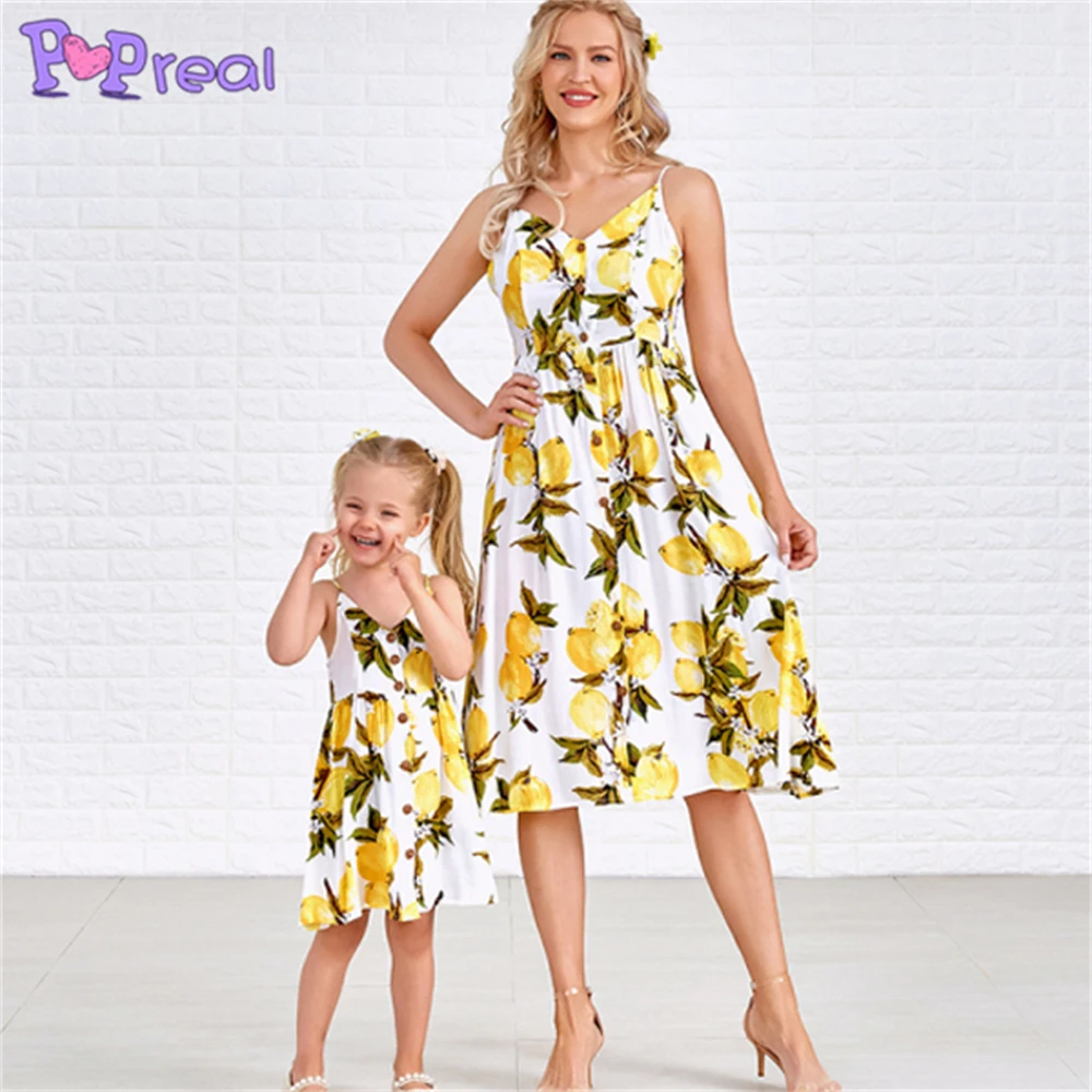 

PopReal Mom And Daughter Dress Fashion Sweet Yellow Lemon Print Sling Backless Mini Mother Girl Dress Family Matching Outfits