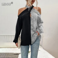 ropa mujer verano 2022 casual fashion patchwork long sleeve off shoulder sexy printing contrast colors vintage pullovers tops