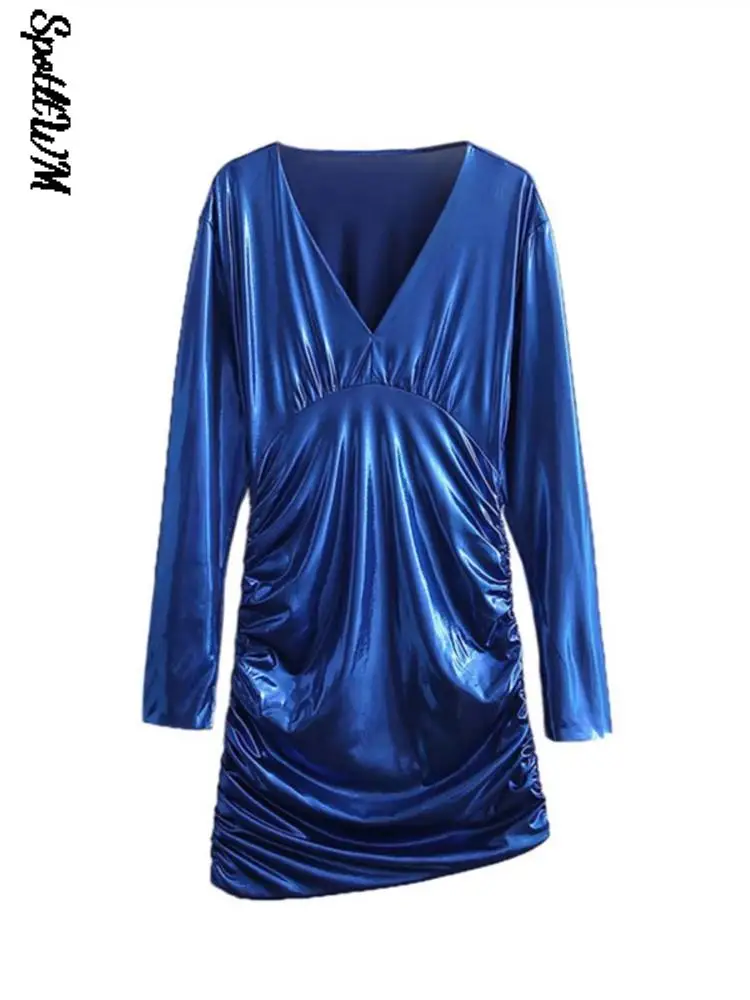 

Женское светоотражающее Платье трапециевидного силуэта, весна 2022, платья с длинным рукавом и глубоким вырезом, женские модные шикарные мин...