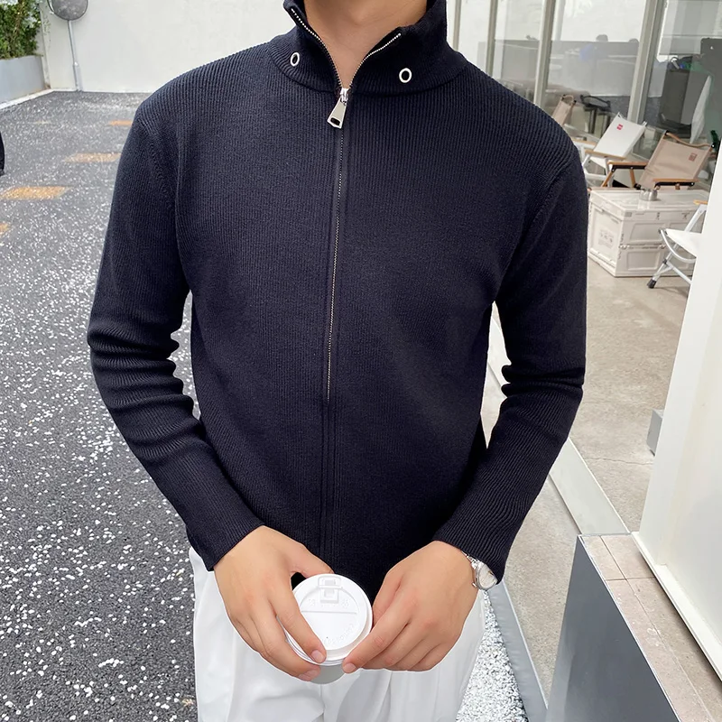 

2022 осенне-зимний вязаный мужской кардиган на молнии с отворотом, свитер с длинным рукавом, повседневный приталенный свитер, деловая куртка