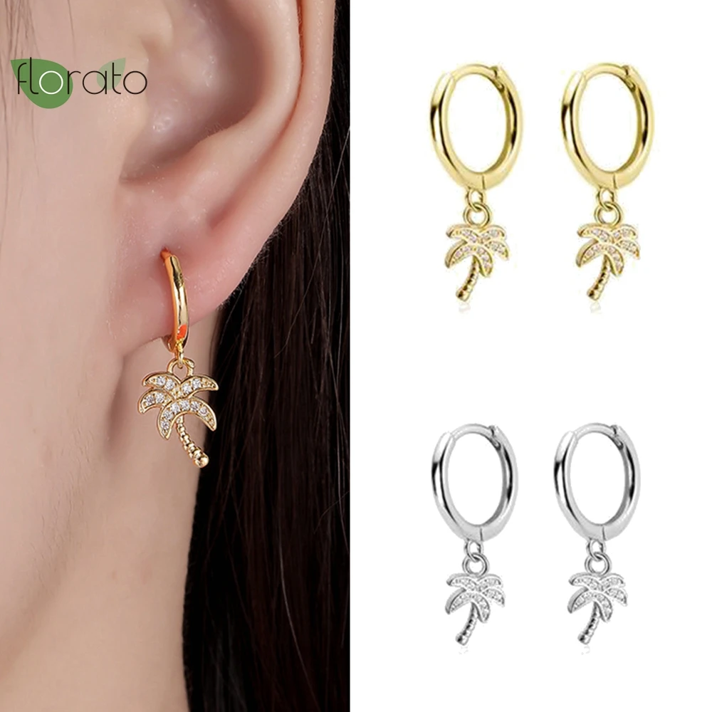 Купи 925 Sterling Silver Needle White Coconut Tree Pendant Hoop Earrings for Women High Fashion 18K Gold Earrings Party Trend Jewelry за 233 рублей в магазине AliExpress